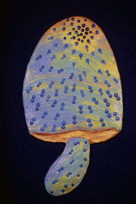 Mushroom wall hanging in light blue, gold, and orange paint with blue Kiln Jewels moving towards the golden top.